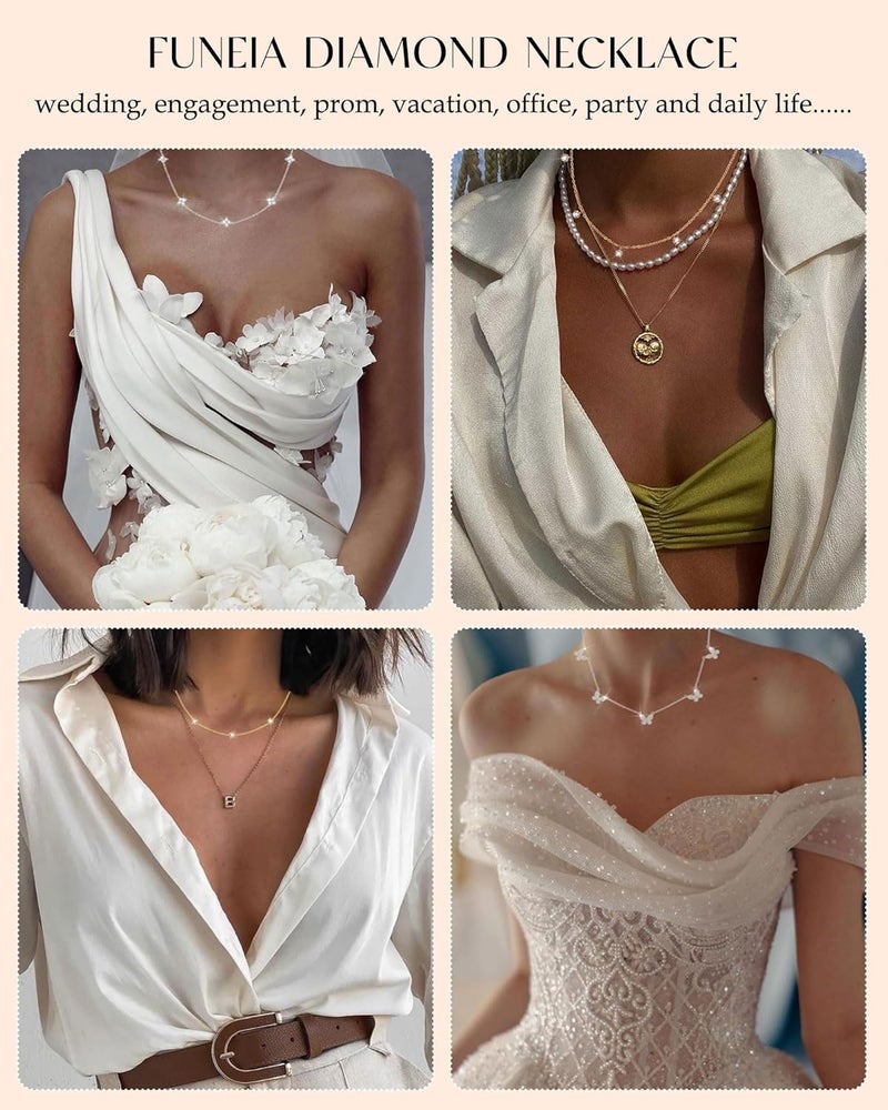 FUNEIA Dainty Silver Gold Necklaces for Women Trendy Non Tarnish 14K Gold Plated Cubic Zirconia Necklace Layered Cute Butterfly Heart Station Choker Necklace Stack for Wedding Prom Brides Jewelry - Image 5